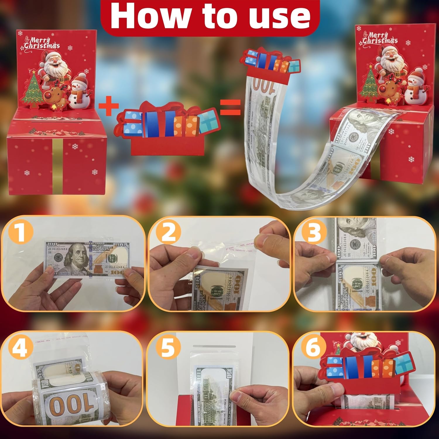 JINSTABAG Christmas Money Box for Cash Gift Pull, 3D Money Pull Box with Card and Transparent Bags, Fun Christmas Party Gifts for Boys Girls Kids Adult (Red)