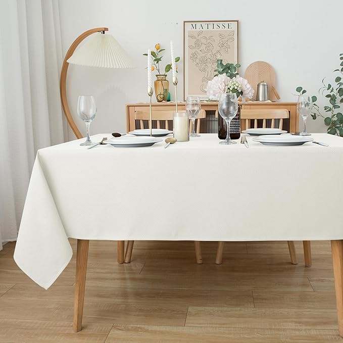 Biscaynebay Textured Fabric Tablecloths 60x84 Inches Rectangular, Ivory Water Resistant Tablecloths for Dining, Kitchen, Wedding, Parties etc. Machine Washable