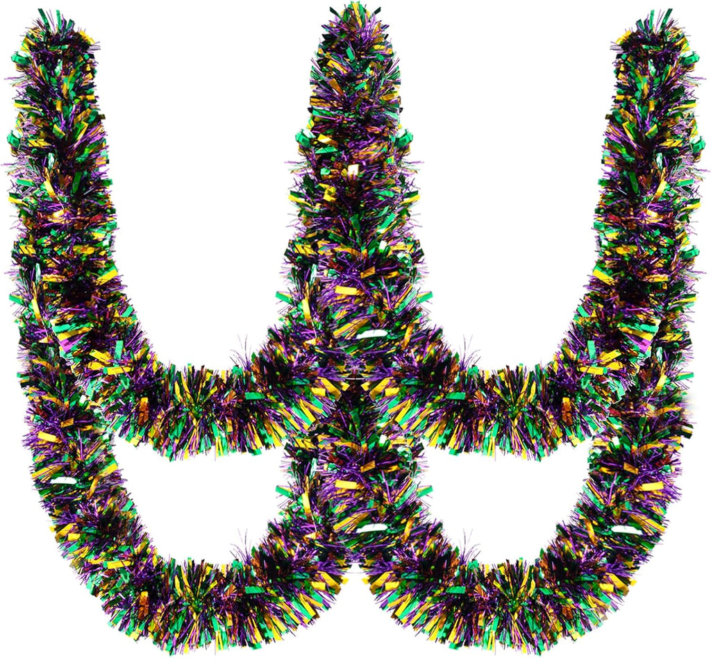 33FT Mardi Gras Tinsel Garland Purple Green Gold Metallic Twist Foil Tinsel Garland Hanging Garland for Carnival Party Indoor Outdoor Decoration