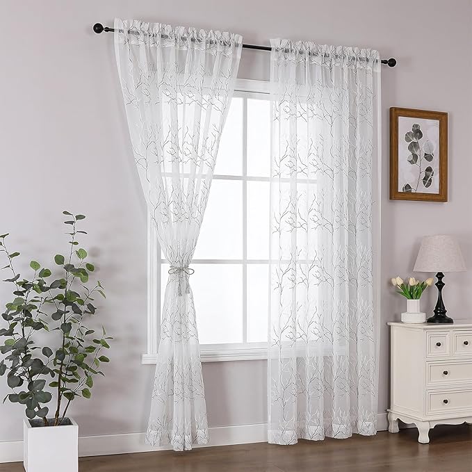 VISIONTEX Sheer Curtains 84 inch Length 2 Panels Set, Decorative Grey Coral Embroidery, Rod Pocket Embroidered Window Drapes for Living Room and Bedroom, 54" x 84"