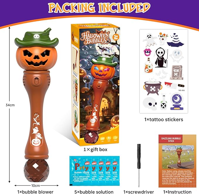 Halloween Bubble Machine Wand for Kids, Light up & Music Pumpkin Bubble Wand-1 Temporary Tattoos and 5 Bubble Solution, Halloween Boo Basket Stuffers for Toddlers Boys & Girls 3 4 5 6 7 8 + Years Old