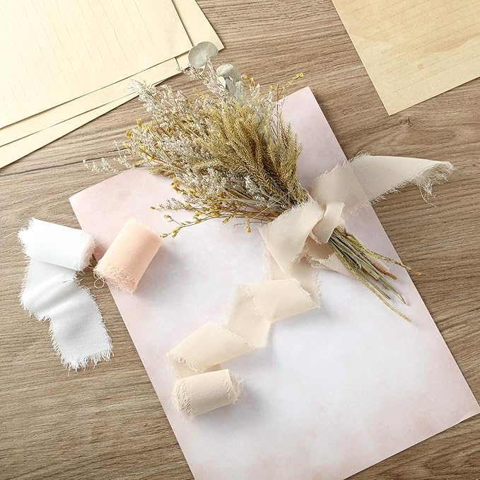 6 Rolls Handmade Fringe Chiffon Silk Ribbon 1.5" x 3 Yd Colorful Ribbon for Wedding Invitations, Bridal Bouquets, Gifts Wrapping, DIY Crafts(Nude Pink Set)