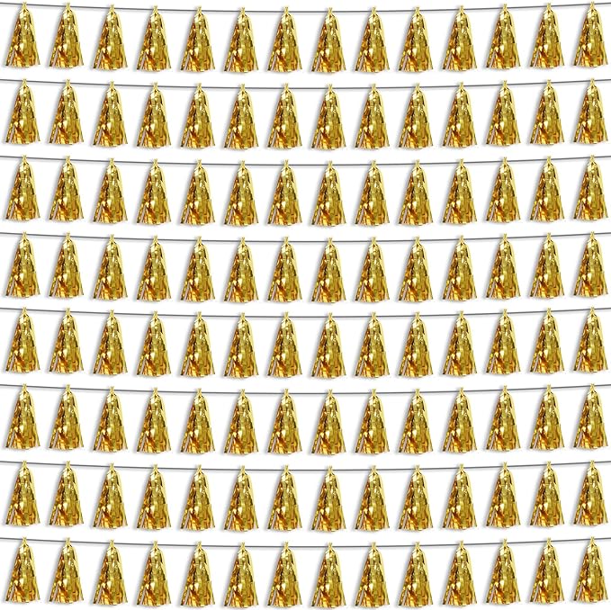 8P Gold Foil Fringe Metallic Tassel Streamers Banner Tassel Garland for Parade Floats, Bachelorette, Wedding, Birthday, Halloween, Christmas, Bridal/Baby Shower Party Decorations