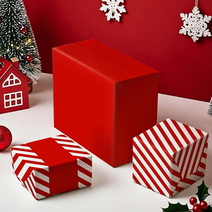 WRAPAHOLIC Reversible Wrapping Paper - Mini Roll - 17 Inch x 33 Feet - Red and Stripes Design for Christmas, Birthday, Holiday, Wedding, Baby Shower