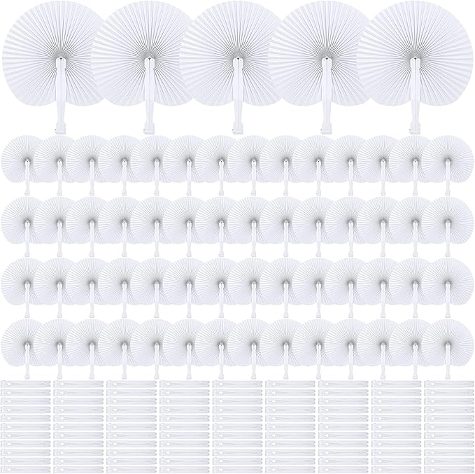 MCEAST 160 Pack Folding Wedding Paper Fans White Handheld Folding Fan Round Shaped Wedding Fans with Plastic Handle for Wedding Birthday Party Favors Supplies Home Decoration (Round)