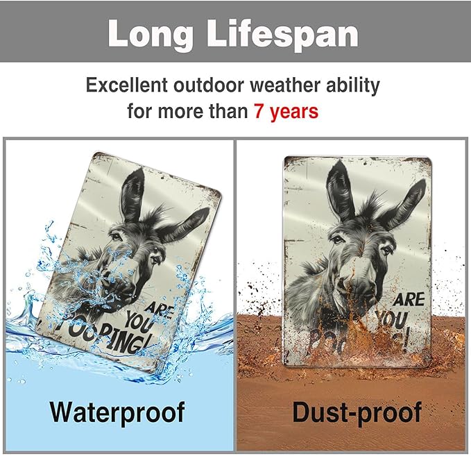 Funny Donkey "Are You Pooping?" Tin Sign - 8x12 Inch Vintage Metal Wall Décor, Humorous Bathroom Sign for Indoor & Outdoor Use, Farmhouse-Style Rustic