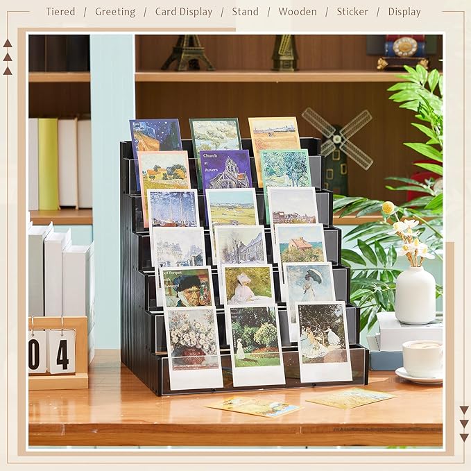 6 Tier Greeting Card Display Stand Black Bamboo and Acrylic Sticker Display Stand Trading Card Holder Retail Photos Shelf for Vendors Craft Collection & Show