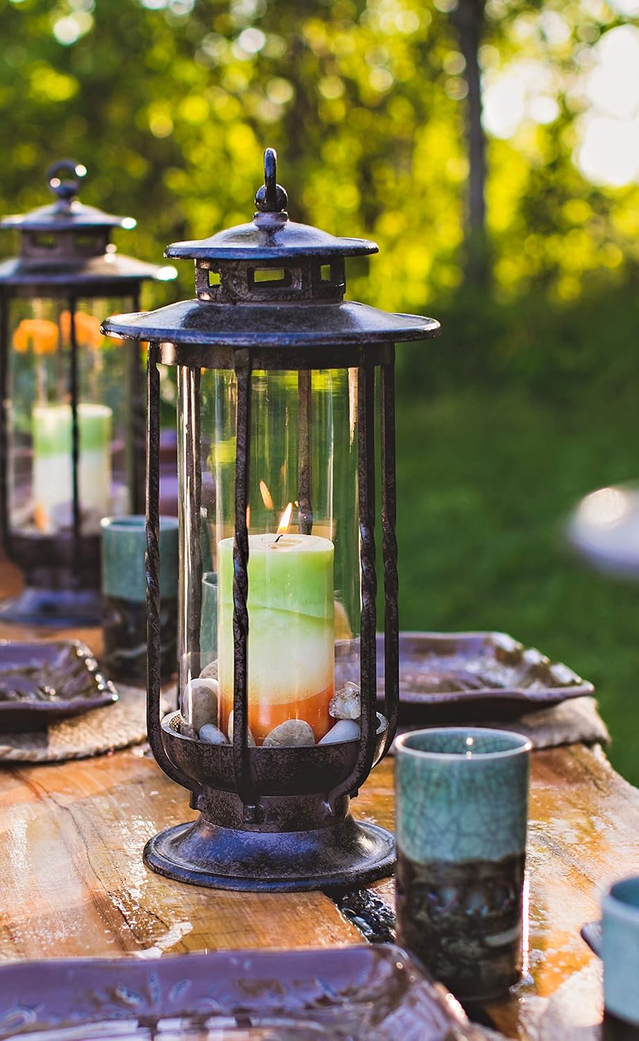 H Potter Cast Iron Lantern, 19" Tall, Glass Hurricane, Rustic Brown Finish | Indoor Outdoor Decroative Candle Lantern, Patio, Porch, Garden & Indoor Decor