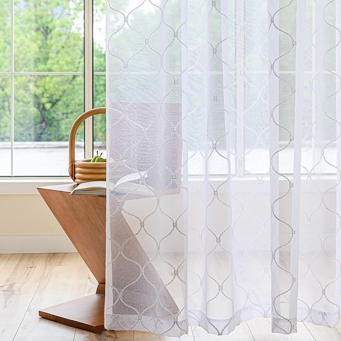 MYSTIC-HOME Embroidery White Sheer Curtains 84 Inches Long, Rod Pocket Sheer Drapes for Living Room, Bedroom, 2 Panels, 52"x84", Semi Crinkle Voile Window Treatments for Yard, Patio, Villa, Parlor.