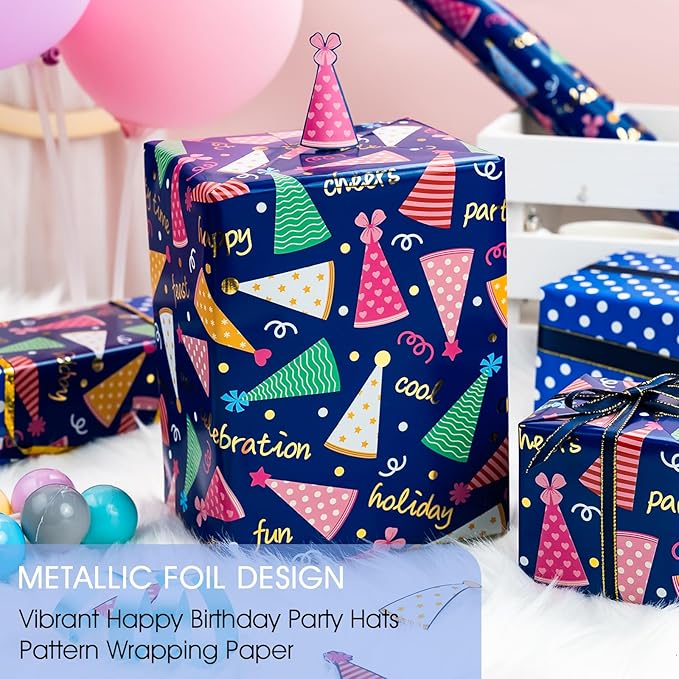 Yarcony Boys Birthday Wrapping Paper Roll - 17 Inch X 33 Feet - Reversible Metallic Foil Navy Blue Men Boy Gift Wrap Paper Blue Wrapping Paper for Birthday, Party, Baby Shower, Holiday, Father's Day