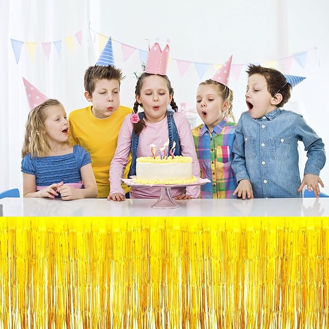 4 Pack Metallic Foil Fringe Tinsel Table Skirts,29x108 Inch Party Disposable Table Skirt Banner for Hotel Banquet Parade Floats Mardi Gras Holiday Birthday Wedding New Year Party Decoration(Gold)
