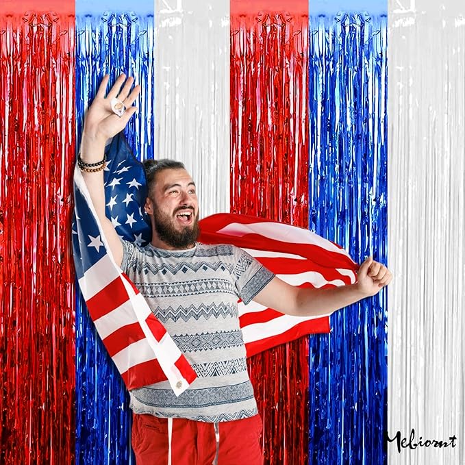 4 Pack 3.2Ft x 6.6Ft Independence Day Fringe Curtain Backdrop, Red Blue White Metallic Tinsel Foil Fringe Streamers Curtains Background for Photo Booth Birthday Wedding Carnival Party Decorations