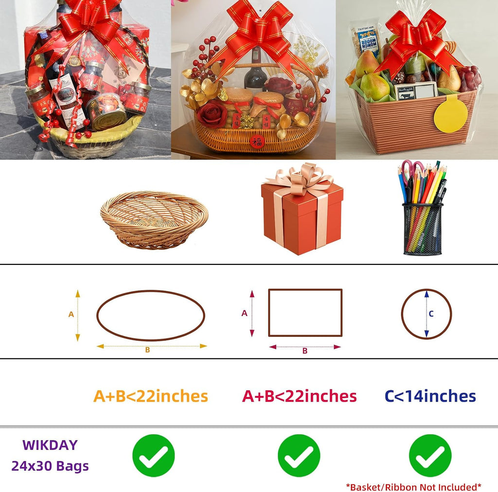 WIKDAY Shrink Wrap Bags for Gift Baskets 10 PCS 24x30 Inches Large Cellophane Bags Wrapping Plastic Clear Jumbo Basket Wrap Bags