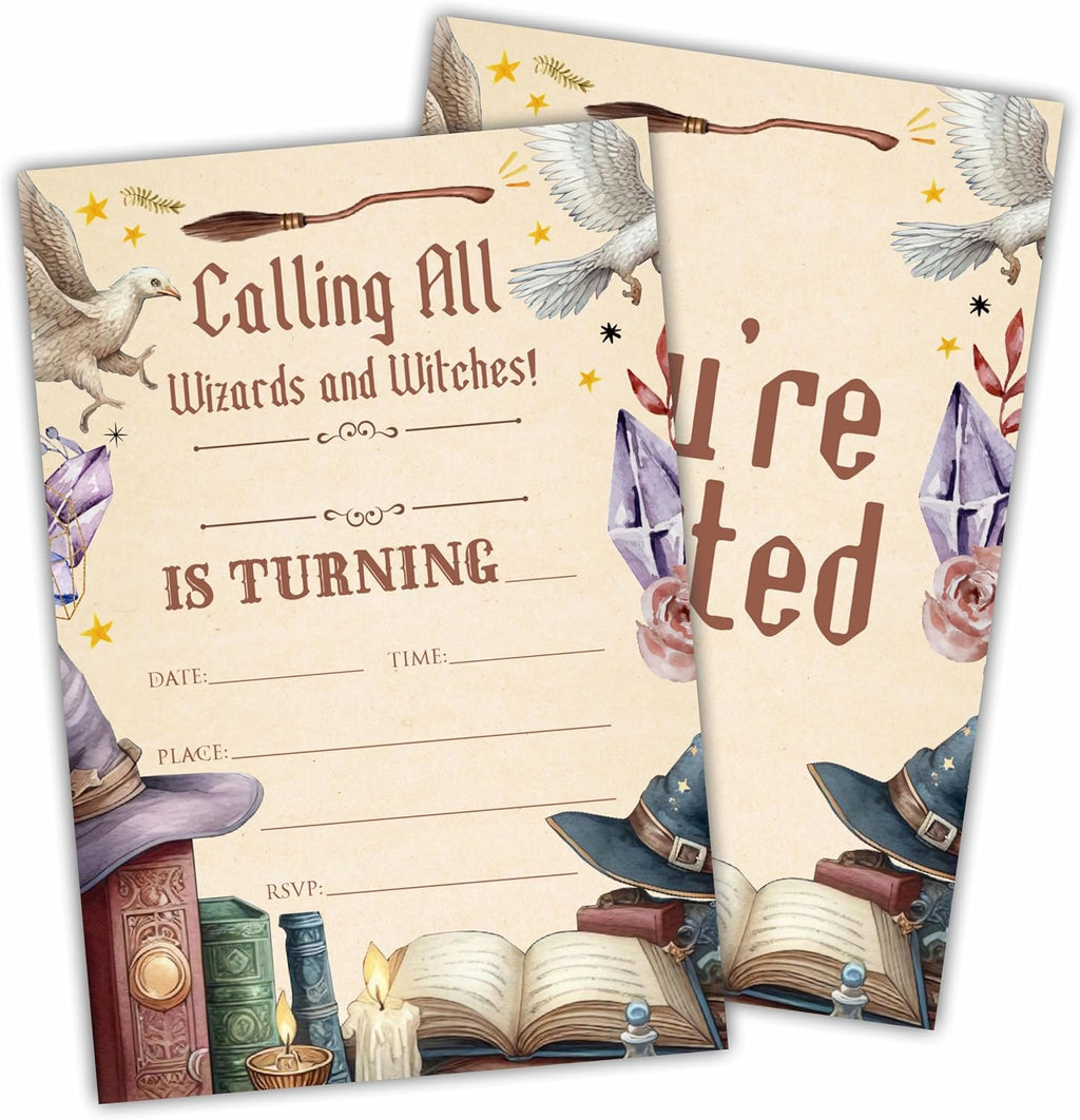 Watercolor Magical Theme Birthday Invitation Cards With Envelopes - Calling All Wizards And Witches - 20 Pcs Double-Sided Fill-In Birthday Invites For Teen, Boys Girls, Party Favor & Decorations - B19