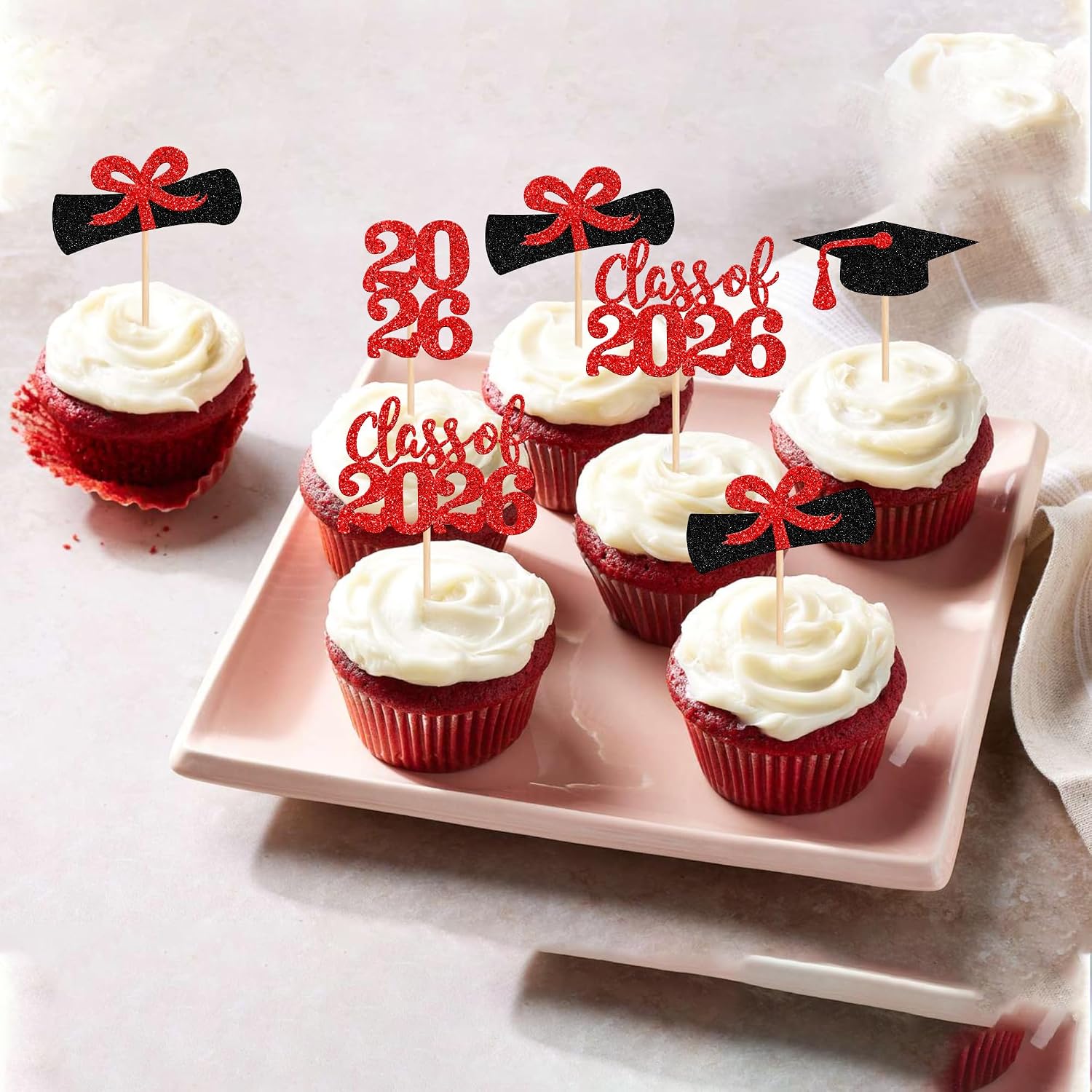 36 PCS 2026 Graduation Theme Cupcake Toppers Glitter Class of 2026 Grad Cap Diploma Cupcake Picks 2026 Graduation Theme Party Cake Decorations Supplies Red