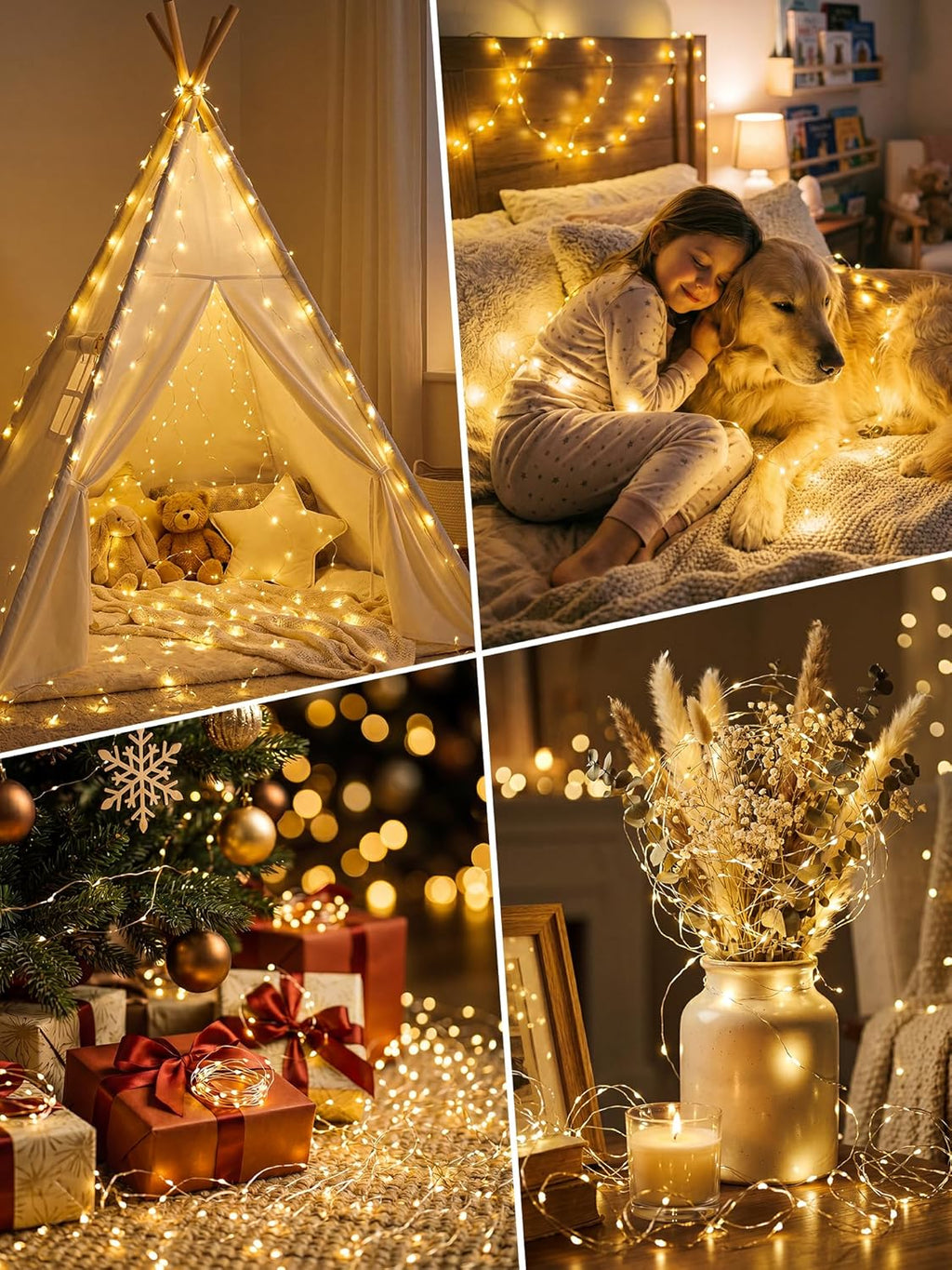 btfarm 4 Pack Fairy Lights Battery Operated with Timer, 16FT 50LED Twinkle String Lights USB Powered, 8 Mode Dimmable Cuttable Wire Light Waterproof for Indoor Bedroom Wedding Christmas, Warm White