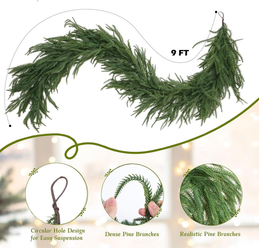 9ft norfolk pine garland, realistic artificial christmas greenery shown in use