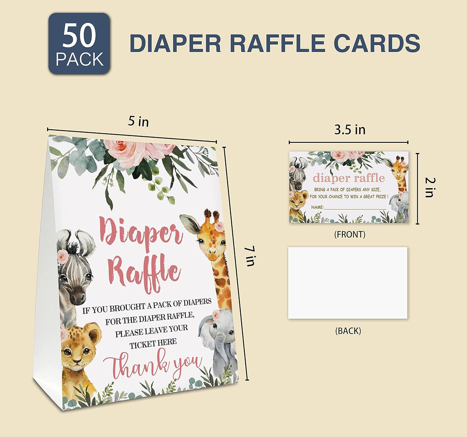 Yuansail Diaper Raffle Tickets For Baby Shower, Jungle Animal Themed Cards, Party Favors For Baby Showers Game Cards, 1 Sign & 50 Cards Per Pack – (bb002-niaobu)