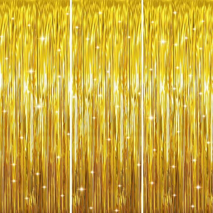 GOER 3.2 ft x 9.8 ft Metallic Tinsel Foil Fringe Curtains Party Photo Backdrop Party Streamers for Birthday,Graduation,New Year Eve Decorations Wedding Decor (Gold,3 pcs)