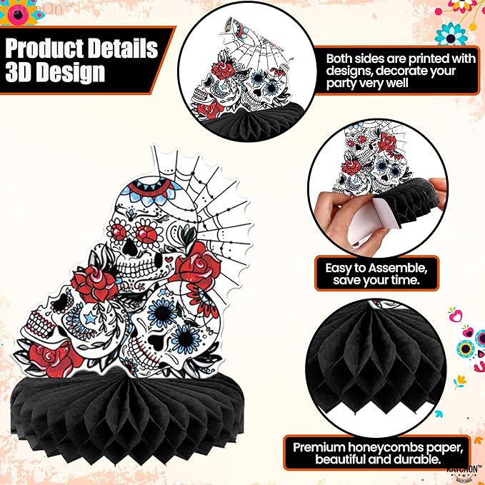 KatchOn, Day of The Dead Centerpieces - Pack of 12 | Halloween Centerpieces, Day of The Dead Decorations | Halloween Honeycomb, Day of The Dead Halloween Decorations | Dia De Los Muertos Decorations