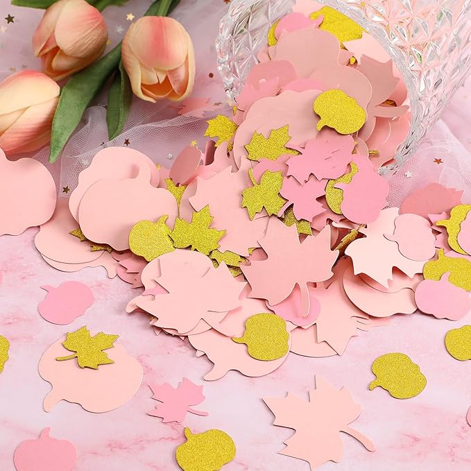 MARFOREVER 350 Pcs Fall Thanksgiving Pink and Gold Pumpkin Maple Leaf Confetti, Little Pumpkin Baby Shower Glitter Confetti Thanksgiving Table Decorations for Autumn Birthday Party Supplies