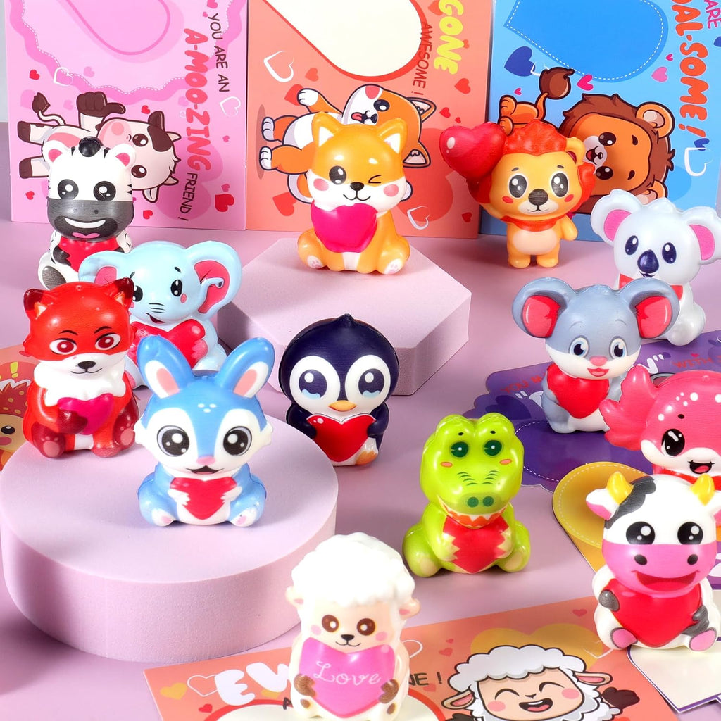 24Pcs Valentines Day Gifts for Kids, Animal Heart Squishy Toys With Cards for Galentines School Gift Exchange, Classroom Prizes, Bag Stuffers, Party Favors
