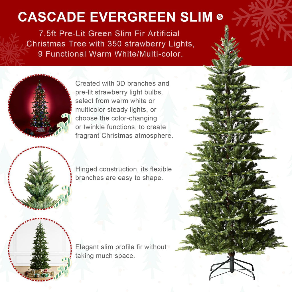 glitzhome 7.5ft prelit artificial christmas tree, cascade evergreen, side view