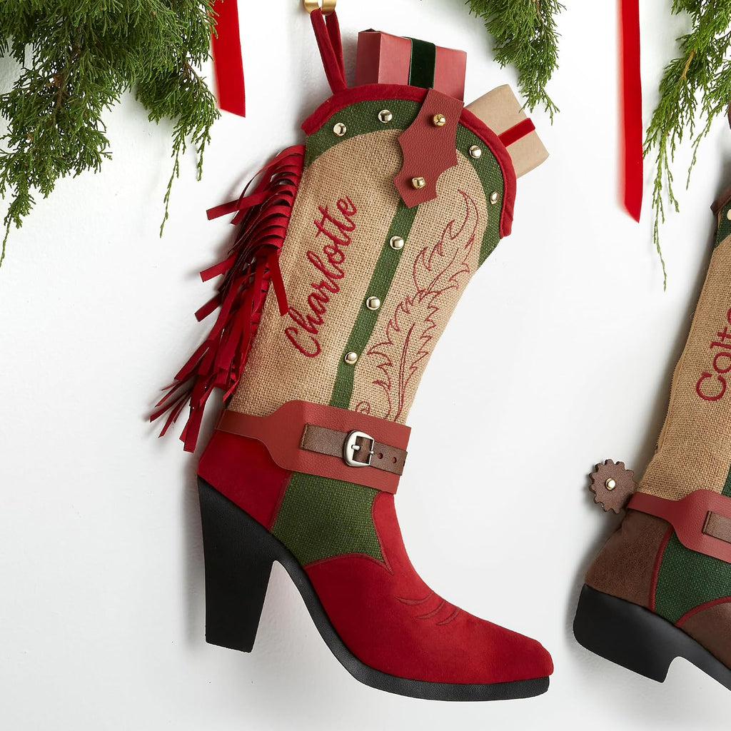 Personalization Universe Personalized Western Cowboy or Cowgirl Boot Stocking with Faux Spur, Embroidered Name, and Durable Design - Perfect Holiday Decor for Christmas (Multicolor, Cowgirl)