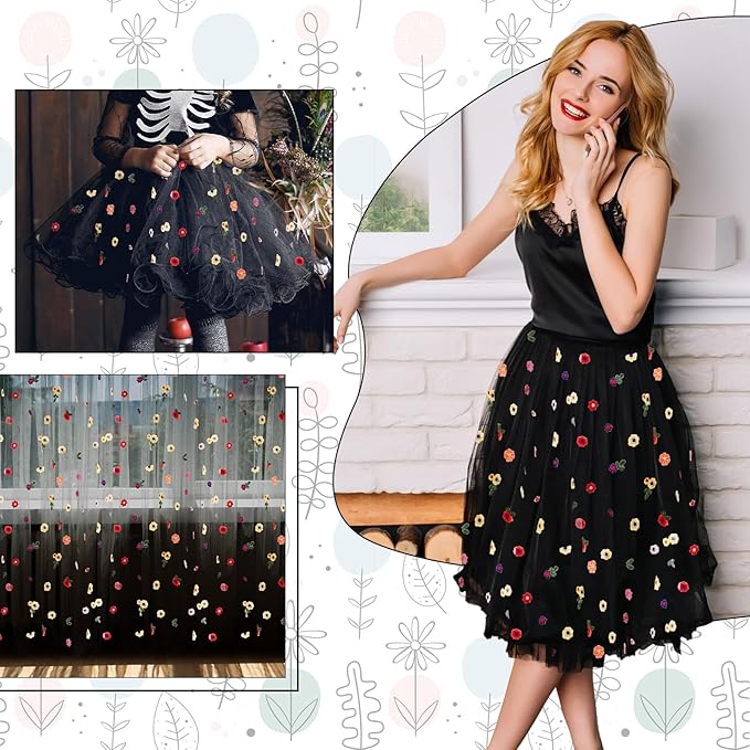 BINBE 3pcs Black Daisy Fall Table Runner Embroidery Gauze 10FT Florals Seasonal Tulle Holiday Birthday Kitchen Dining Table Decor for Home Party