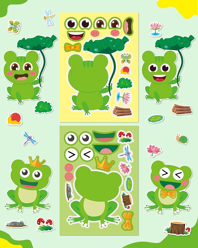 Aowplc 32 Sheets Frog Make-a-Face Stickers for Kids 8 Cute Designs Frog Craft Activities & Party Favors