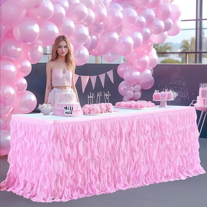 PARTISKY Pink Tulle Curly Willow Table Skirt for Rectangle Table 14ft, Ruffle Tutu Table Cloth for Girls Baby Shower,Birthday Party Candy Cake Tables