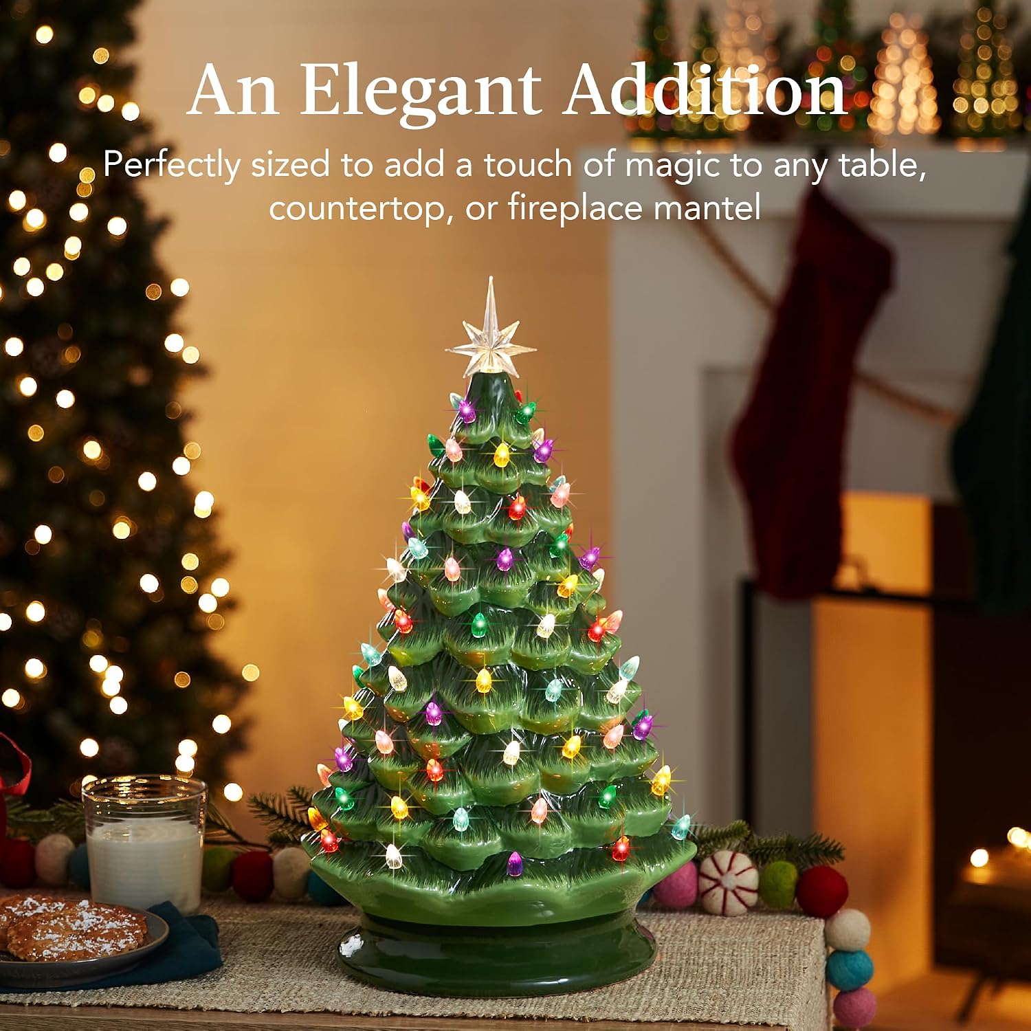 Best Choice Products 18in Large Ceramic Christmas Tree, Pre-lit Hand-Painted Tabletop Holiday Decoration w/Power Cord, 2 Star, 93 Multicolored Bulbs, LED Lights - Green