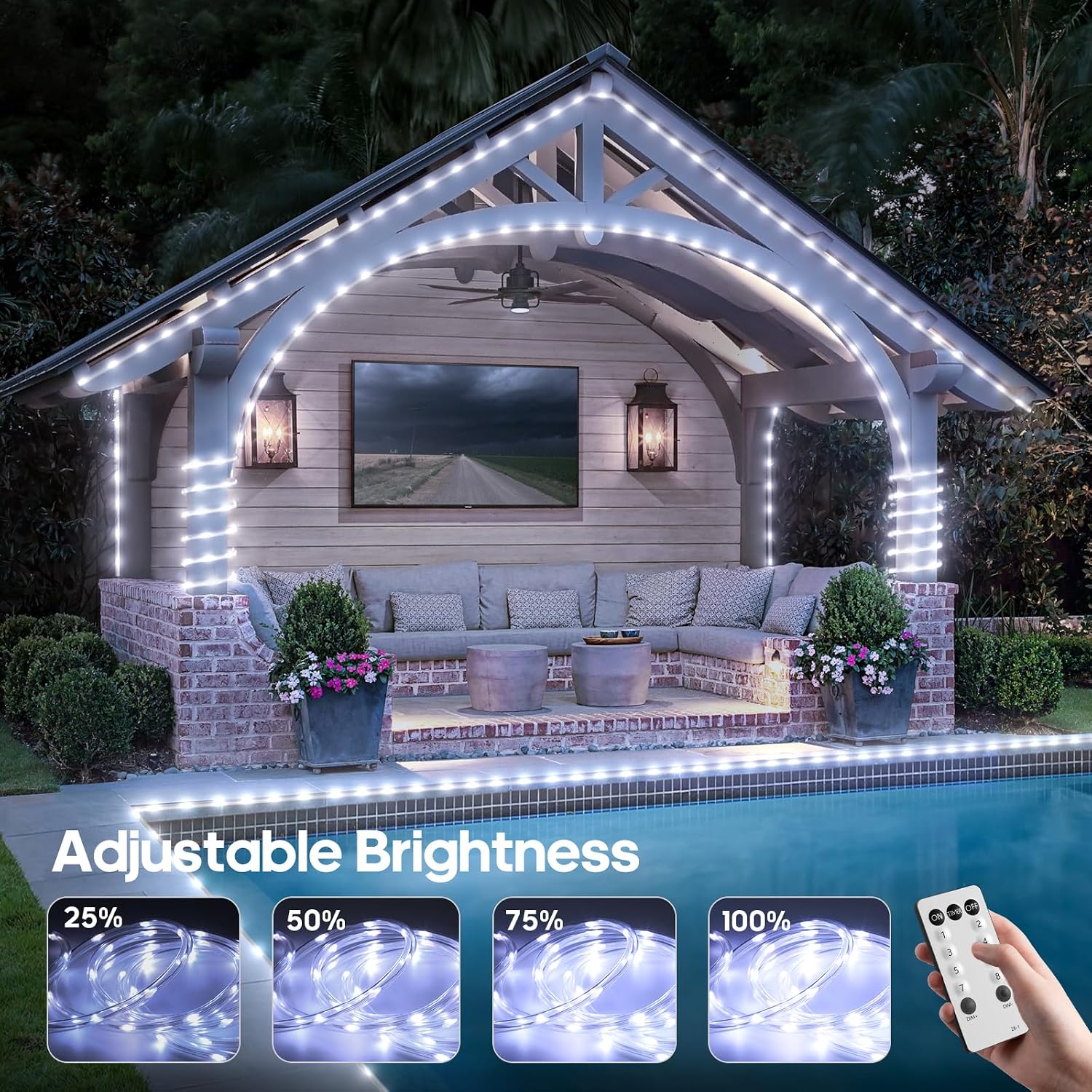 100Ft 720 LED Rope Lights Outdoor Waterproof with Remote, 8 Modes and 4 Brightness Rope Lights for Outside, Garden, Patio, Pool, Bedroom, Party, Indoor Outdoor Decoration (Cool White)