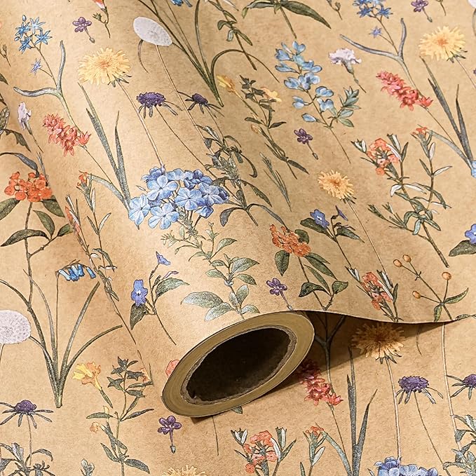 WRAPAHOLIC Kraft Floral Wrapping Paper Roll - Mini Roll - 17 Inch x 16.5 Feet - Wildflower Wrapping Paper Perfect for Girls Women Birthday, Wedding, Bridal Shower