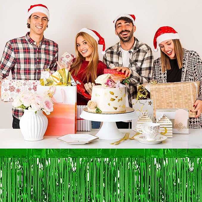 3 Pack 29 x108 Inch Green Foil Fringe Table Skirts Metallic Banner for Tinsel Streamer Garland Backdrop for Parade Floats Mother's Day, Graduate, Birthday, Wedding Party Decoration