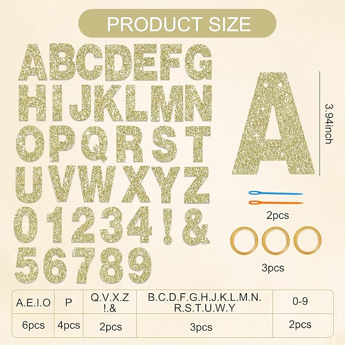 BEISHIDA 116 PCS A-Z Glitter Champagne DIY Letter Banner Kit Make Your Own Banner，Including 111 Letters and Numbers 3 Rope and 2 Threading Device,Customized for Birthday Graduation Wedding Party Decor