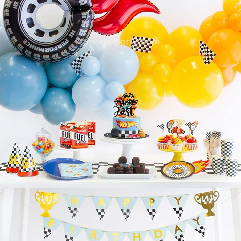 1 PCS Two Fast Cake Topper Glitter Checkered Flag Racing Car 2nd Cake Pick Cars Birthday Decorations for Let's Go Racing Car Boys Girls 2 Years Second Birthday Party Cake Decorations Supplies
