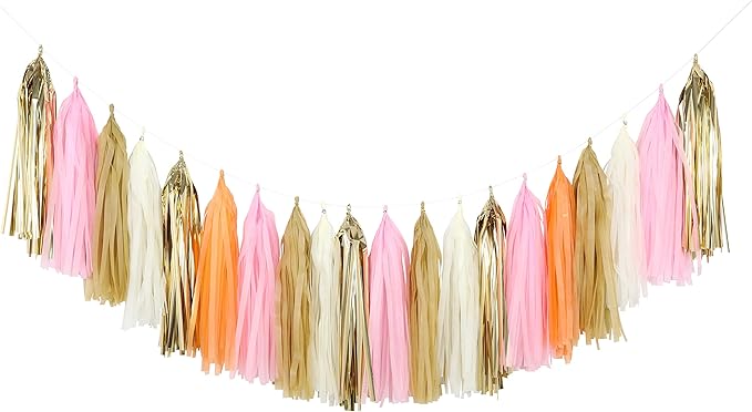 Fonder Mols 25pcs Tissue Paper Tassels Garland DIY Kit for Vintage Wedding, Rustic Girl First Birthday Decoration, Pink and Peach Baby Shower Decor A19