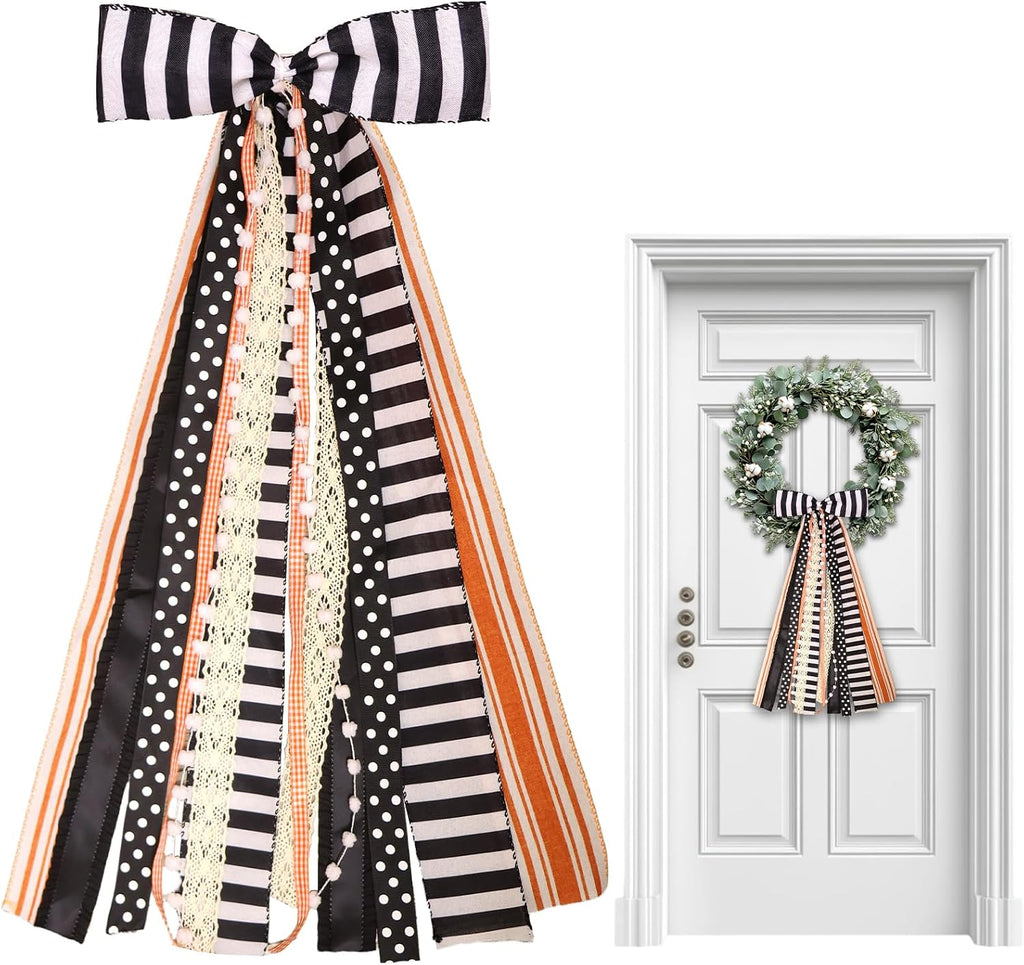 Halloween Black Stripes Wreath Bows for Front Door, Orange Lace Ribbon Bowknot Holiday Bows Accessories for Wreath Thanksgiving Decorations