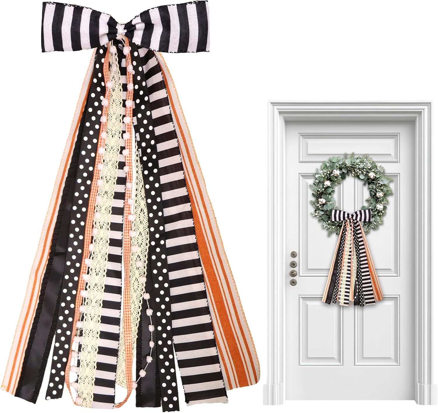 Halloween Black Stripes Wreath Bows for Front Door, Orange Lace Ribbon Bowknot Holiday Bows Accessories for Wreath Thanksgiving Decorations