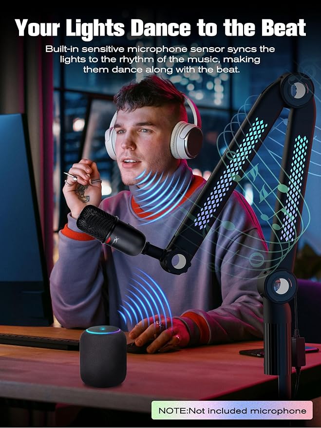 SUNMON RGB Mic Arm – Adjustable Boom Arm with Rhythm RGB Lighting for Blue Yeti, HyperX QuadCast, Rode, Fifine AM8, and More – Perfect for Podcasting, Streaming, and Gaming