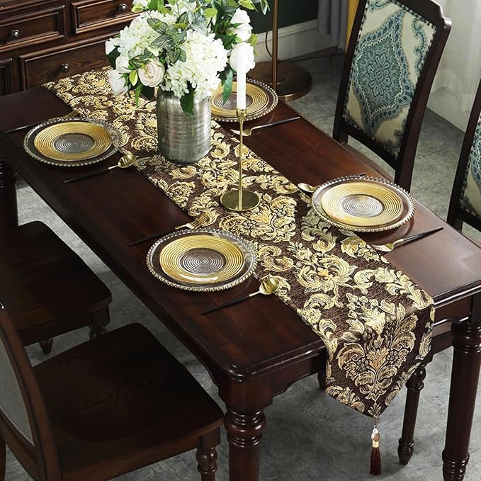 Glittering Colorful Jacquard Table Runner 72 inches Long Chenille and Satin Dark Brown for Christmas