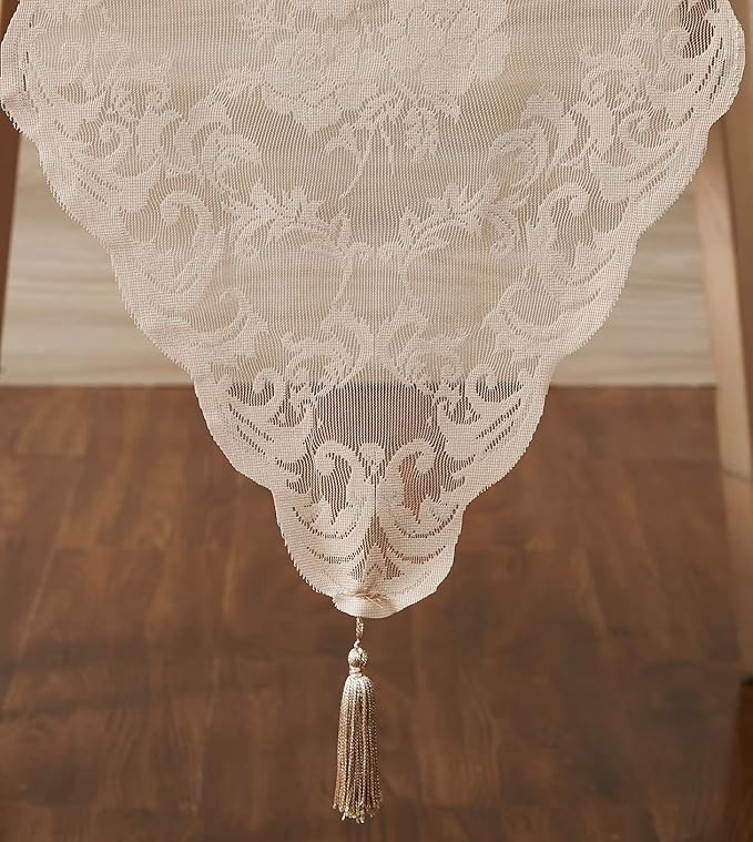LinenZone Linen Table Runner with 2 Tassels for Rustic Vintage Decor. Lace Table Runner Works Great As Wedding, Thanksgiving or Christmas Decor. (Mia 14 x 96, Linen)