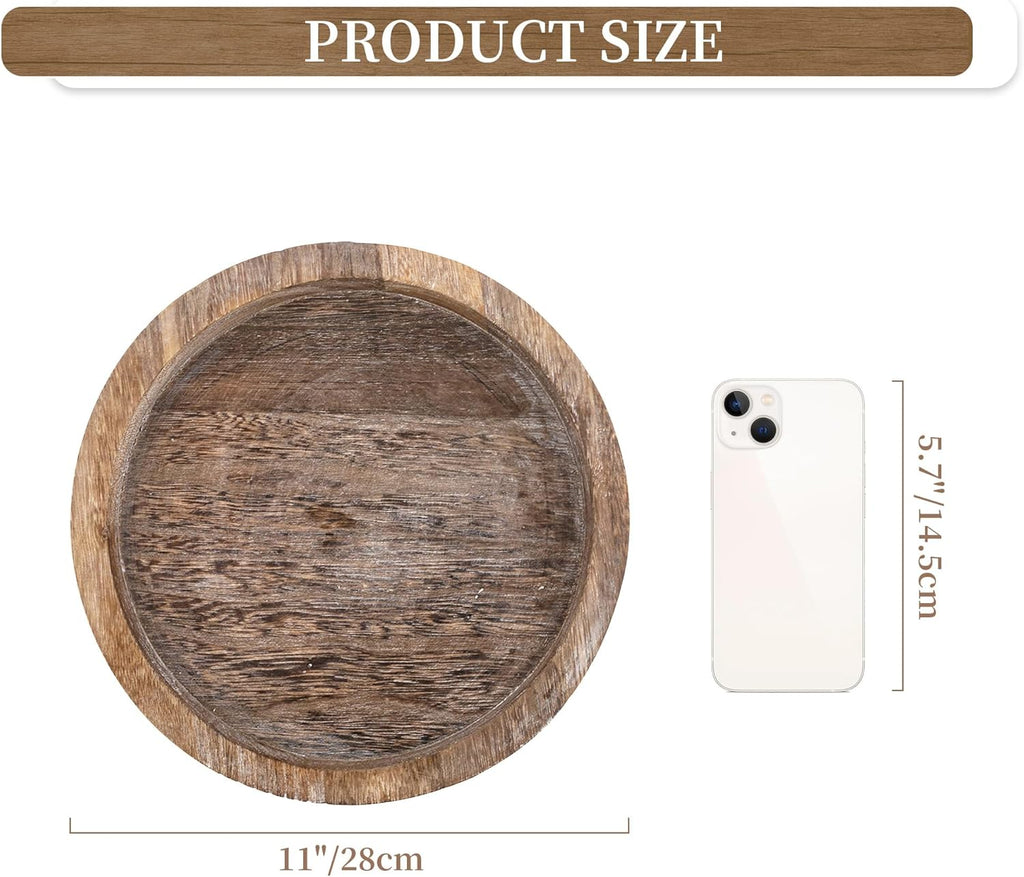 Hanobe Candle Plate Holder Tray: Round Wood Decorative Candle Plate - Rustic Farmhouse Coffee Table Decor - Tealight Pillar Trays for Home Decor (Distressed)