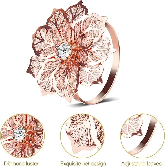 KPOSIYA Hollow Out Flower Napkin Ring Holder Metal Napkin Rings Set of 20 for Wedding Party Holiday Banquet Christmas Dinner Delicate Serviette Buckles Decor Favor (20, Flower-Rose Gold)