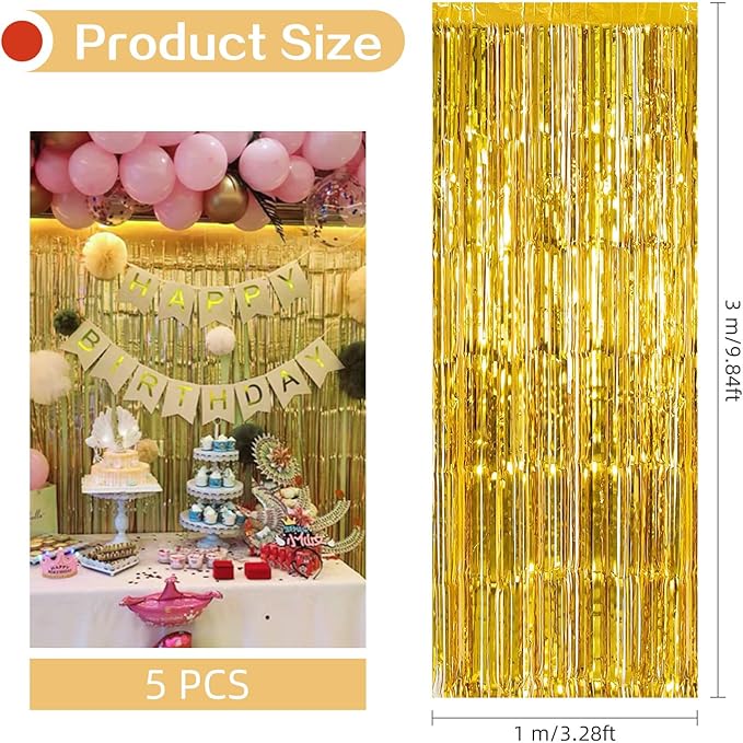 5 Pack Gold Foil Curtain Backdrop 3.2ft x 9.8ft Metallic Tinsel Foil Fringe Curtains Streamer Photo Booth Backdrop for Birthday Party Engagement Bachelorette Party Decorations (Gold)