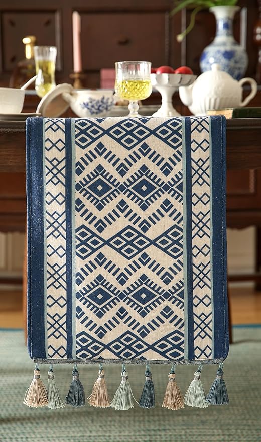 Chinoiserie Blue Stripe Cloth Runner for Table,Decorative Farmhouse Linen 87 Inches Long Table Runners,Decor Tabletop for Kitchen,Dining,Party,Home,Christmas,12"*87"