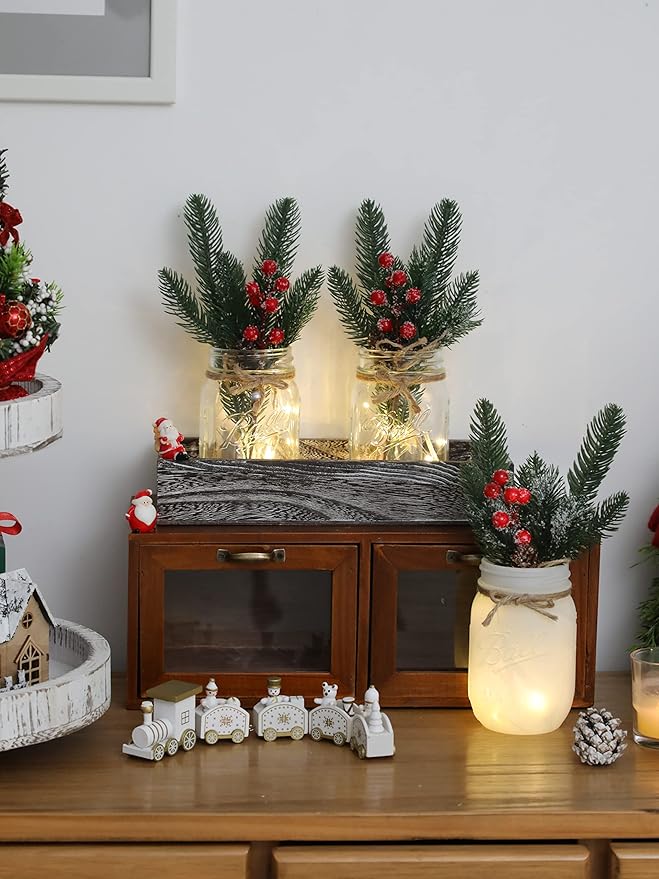 Christmas Mason Jars, Christmas Centerpiece Table Settings, Wood Tray with 3 Painted Jars, Dining Coffee Table Centerpiece, For Kitchen, Living Room, White Mason Jar Decor with Flowers