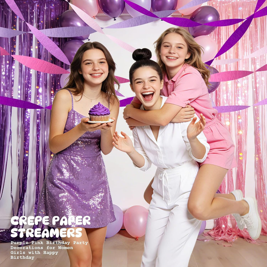 5 Rolls Purple Pink Crepe Paper Streamers, Lavender Hot Pink Party Decorations, Hanging Streamer Backdrop for Women Girls Birthday, Wedding, Baby Shower, Mermaid Unicorn Butterfly Theme Party Supplies