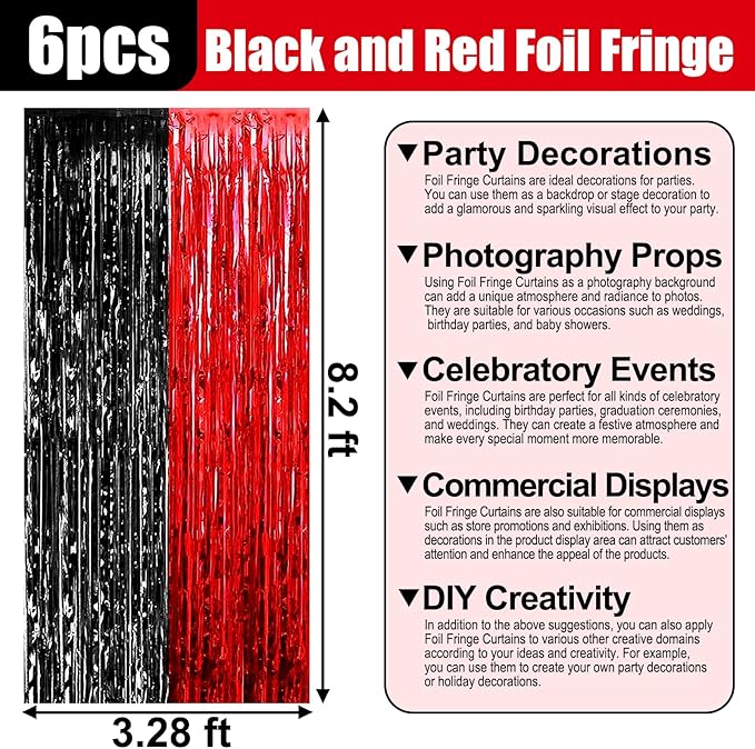 6 Pack Black Red Foil Fringe Curtain Backdrop, 3.28Ft x 8.2Ft Metallic Tinsel Foil Fringe Streamer Curtains for Photo Booth, Birthday, Wedding, New Year Party Decorations